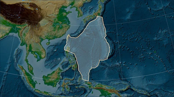 Shape of the Philippine Sea tectonic plate on the physical elevation map in the Patterson Cylindrical (oblique) projection