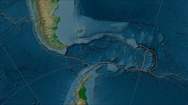 Patterson silindirik (eğimli) projeksiyonunda Scotia tektonik plakası ve bitişik plakaların fiziksel yükseklik haritasındaki sınırları