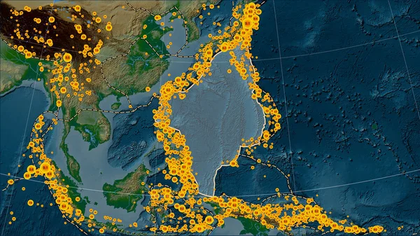 Tectonic plate boundaries adjacent to the Philippine Sea tectonic plate on the physical elevation map in the Patterson Cylindrical (oblique) projection