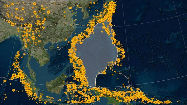 パターソン円筒形 オブリケ プロジェクションのブルーマーブル衛星マップ上のフィリピン海のテクトニックプレートに隣接するテクトニックプレート境界線 — ストック写真