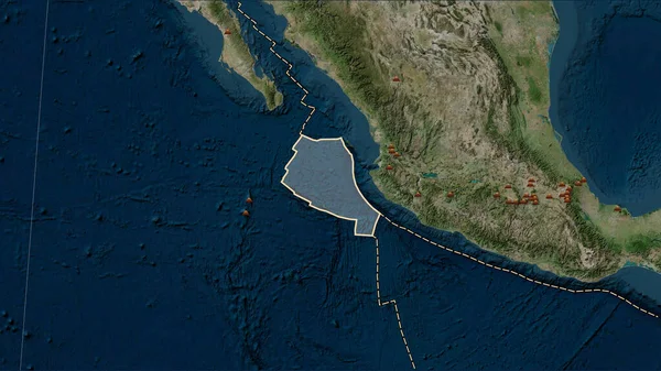 リベラテクトニックプレート付近の地震の場所は パターソン円筒形 Oblique プロジェクションのブルー大理石衛星マップで17世紀初頭以来記録されている6 5マグニチュードよりも大きい — ストック写真