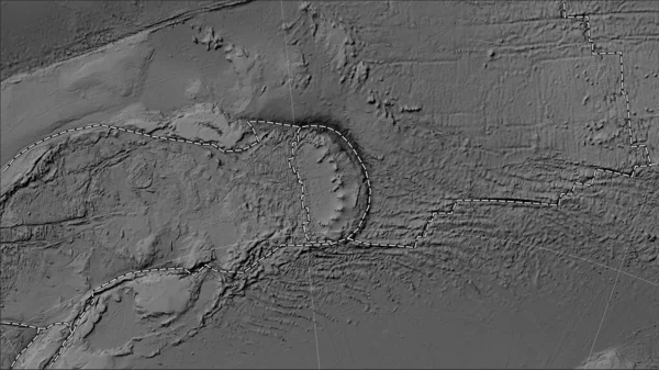 Sandwich tectonic plate and the boundaries of adjacent plates on the grayscale elevation map in the Patterson Cylindrical (oblique) projection