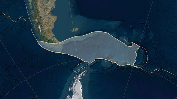 パターソンシリンドリカル オブリケ プロジェクションのブルーマーブル衛星マップ上のスコティアテクトニックプレート周辺の既知の火山の分布 — ストック写真