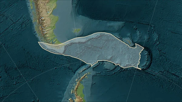Shape of the Scotia tectonic plate on the Wiki style elevation map in the Patterson Cylindrical (oblique) projection