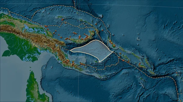 Rozmieszczenie Znanych Wulkanów Wokół Płyty Tektonicznej Morza Salomona Mapie Elewacji — Zdjęcie stockowe