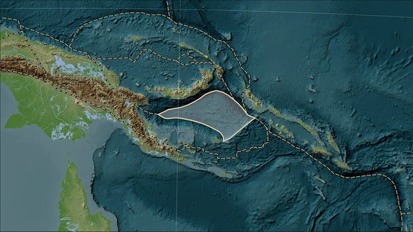 Solomon Sea tectonic plate and the boundaries of adjacent plates on the Wiki style elevation map in the Patterson Cylindrical (oblique) projection