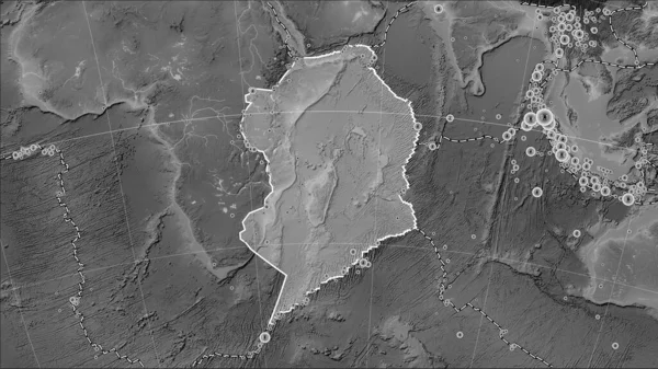 Tectonic plate boundaries adjacent to the Somalian tectonic plate on the grayscale elevation map in the Patterson Cylindrical (oblique) projection