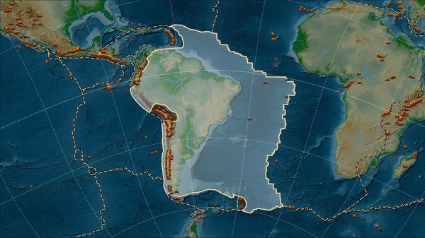 Locations of earthquakes in the vicinity of the South American tectonic plate greater than magnitude 6.5 recorded since the early 17th century on the physical elevation map in the Patterson Cylindrical (oblique) projection