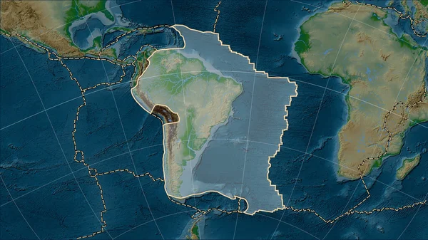 Distribution of known volcanoes around the South American tectonic plate on the physical elevation map in the Patterson Cylindrical (oblique) projection