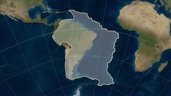 Shape of the South American tectonic plate on the Blue Marble satellite map in the Patterson Cylindrical (oblique) projection