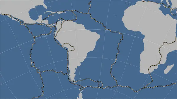 南アメリカのテクトニックプレートとパターソンシリンダリカル オブリケ 投影の固体輪郭図上の隣接プレートの境界 — ストック写真