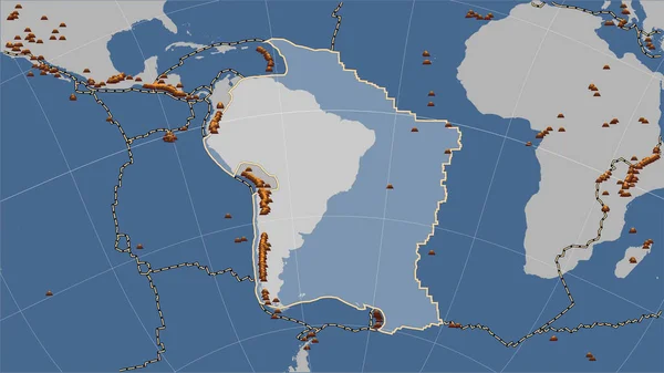 Locations of earthquakes in the vicinity of the South American tectonic plate greater than magnitude 6.5 recorded since the early 17th century on the solid contour map in the Patterson Cylindrical (oblique) projection