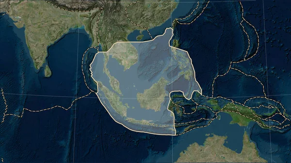 スンダンテクトニックプレートとパターソンシリンダリカル オブリケ プロジェクションのブルーマーブル衛星マップ上の隣接プレートの境界 — ストック写真