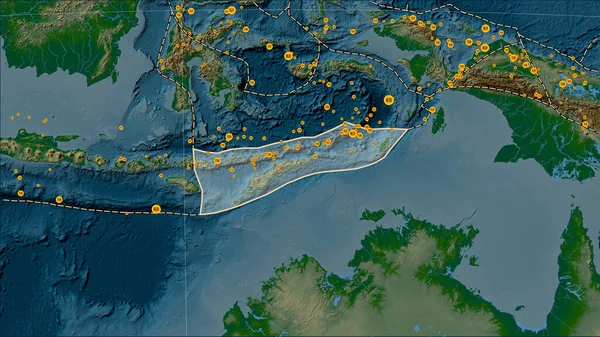 Locations of earthquakes in the vicinity of the Timor tectonic plate greater than magnitude 6.5 recorded since the early 17th century on the physical elevation map in the Patterson Cylindrical (oblique) projection