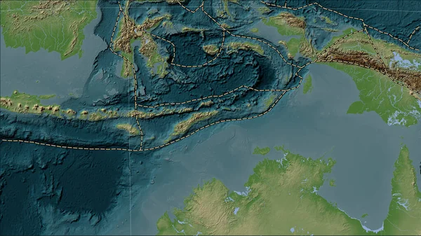 Tectonic plate boundaries adjacent to the Timor tectonic plate on the Wiki style elevation map in the Patterson Cylindrical (oblique) projection