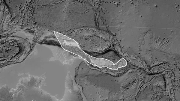 Shape of the Woodlark tectonic plate on the grayscale elevation map in the Patterson Cylindrical (oblique) projection