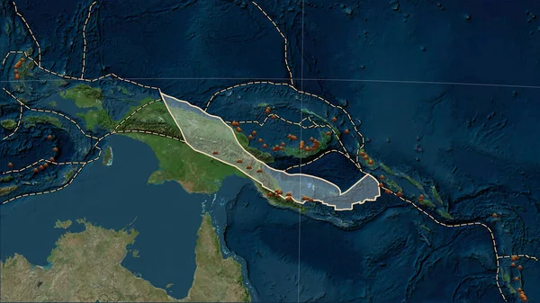 Distribution of known volcanoes around the Woodlark tectonic plate on the Blue Marble satellite map in the Patterson Cylindrical (oblique) projection