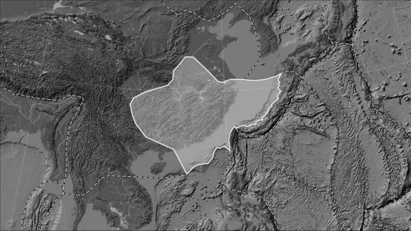 Rozmieszczenie Znanych Wulkanów Wokół Płyty Tektonicznej Jangcy Dwupoziomowej Mapie Elewacji — Zdjęcie stockowe