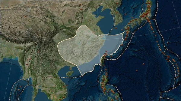 Yangtze Tektonik Plakasının Çevresindeki Depremlerin Yerleri Yüzyılın Başından Yana Kaydedilen — Stok fotoğraf