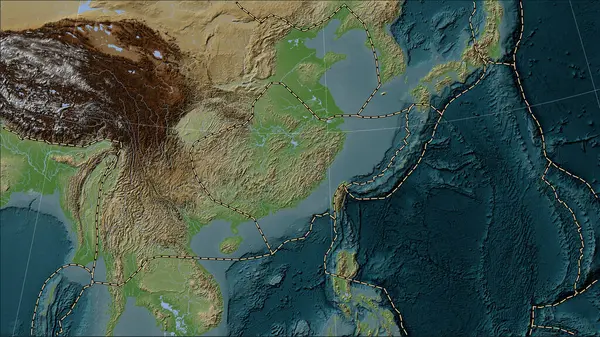 Yangtze tectonic plate and the boundaries of adjacent plates on the Wiki style elevation map in the Patterson Cylindrical (oblique) projection