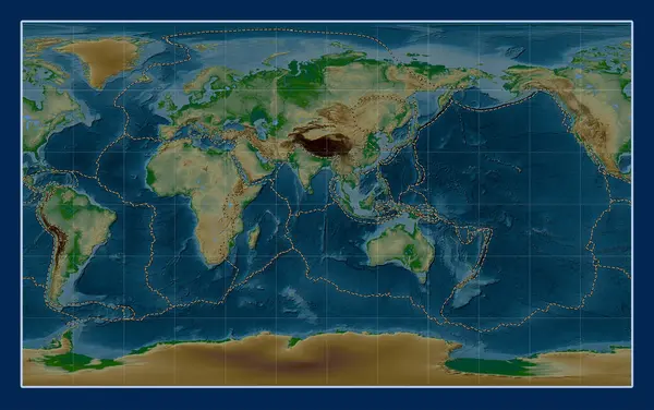 Tectonic Plate Boundaries World Physical Elevation Map Compact Miller Projection — Stock Photo, Image