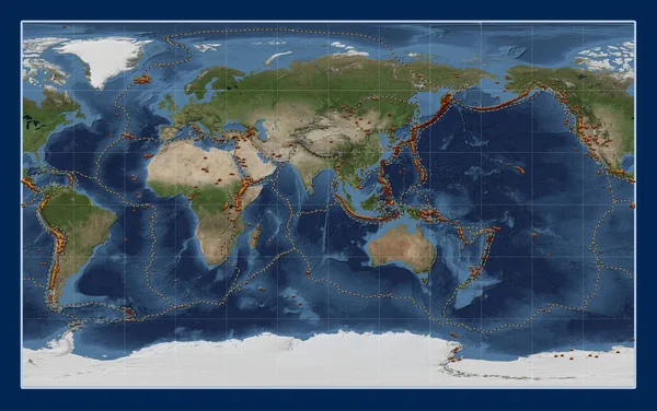 Rozmieszczenie Znanych Wulkanów Światowej Niebieskiej Marmurowej Mapie Satelitarnej Projekcji Compact — Zdjęcie stockowe