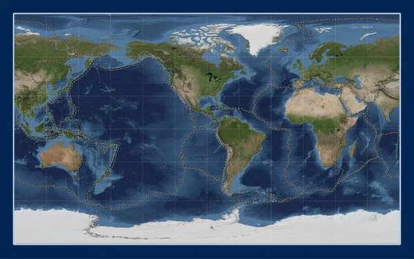 Tectonic Platta Gränser Världsblå Marble Satellitkarta Compact Miller Projektion Centrerad — Stockfoto