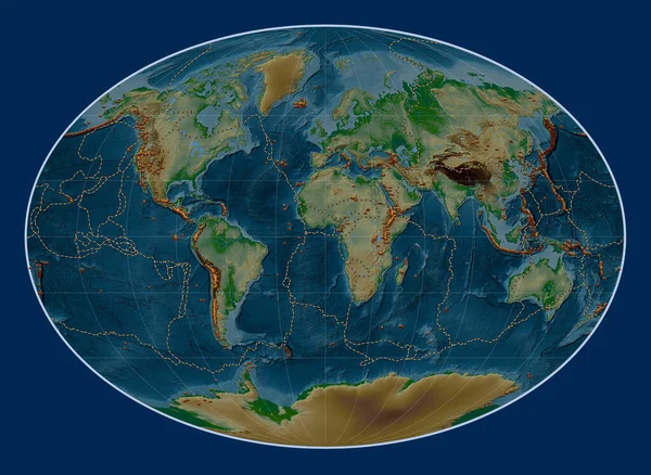 Distribuição Vulcões Conhecidos Mapa Elevação Física Mundial Projeção Fahey Centrada — Fotografia de Stock