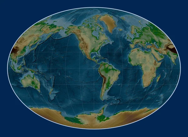 World Physical Elevation Map Fahey Projection Centered 90Th Meridian West — Stock Photo, Image