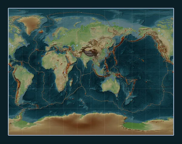 세계에 알려진 화산의 위키백과 스타일의 지도에서 갤러리 스테레오그래픽 프로젝션 중심의 — 스톡 사진