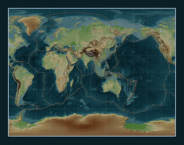 以东经90度为中心的Gall立体投影世界Wikipedia型高程图上的构造板块边界 — 图库照片