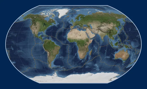 Tectonische Plaatgrenzen Wereld Blauwe Marmeren Satelliet Kaart Kavrayskiy Vii Projectie — Stockfoto