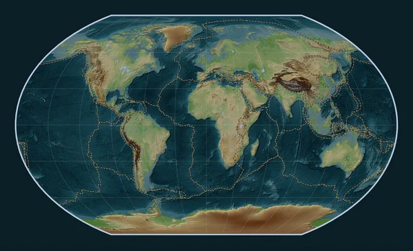Granice Płyt Tektonicznych Mapie Elewacji Stylu Wiki Świata Projekcji Kavrayskiy — Zdjęcie stockowe