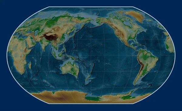 Παγκόσμιος Χάρτης Φυσικής Ανύψωσης Στην Προβολή Kavrayskiy Vii Επίκεντρο Γραμμή — Φωτογραφία Αρχείου