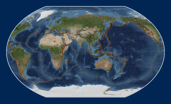 Distribution Known Volcanoes World Blue Marble Satellite Map Kavrayskiy Vii — Stock Photo, Image