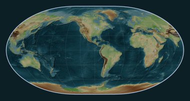Loximuthal projeksiyonunda 90. meridyen batı boylamı merkezli dünya Wikipedia stili yükseltme haritası