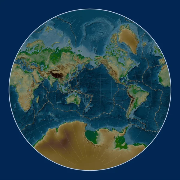 Tectonic Plate Boundaries World Physical Elevation Map Lagrange Projection Centered — Stock Photo, Image