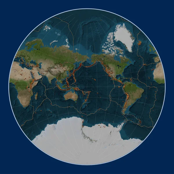 Distribution Known Volcanoes World Blue Marble Satellite Map Lagrange Projection — Stock Photo, Image