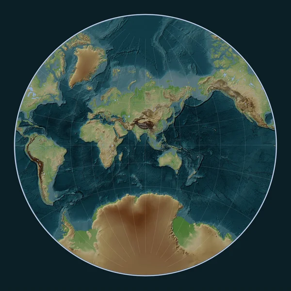 World Wikipedia Style Elevation Map Lagrange Projection Centered 90Th Meridian — Stock Photo, Image