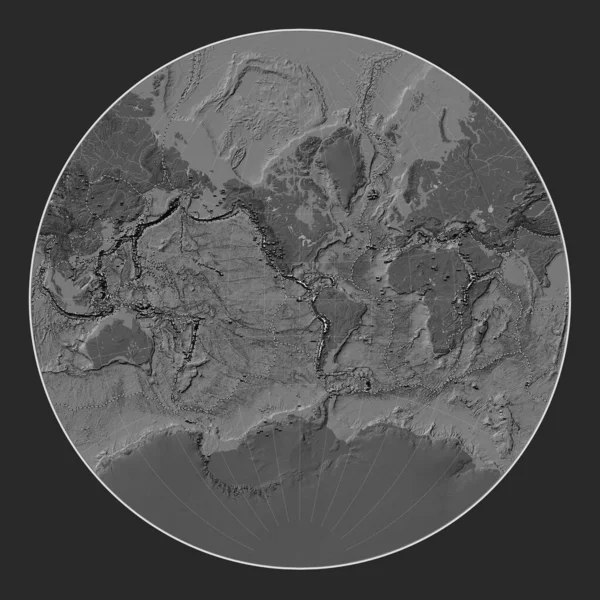 Distribution Known Volcanoes World Bilevel Elevation Map Lagrange Projection Centered — Stock Photo, Image