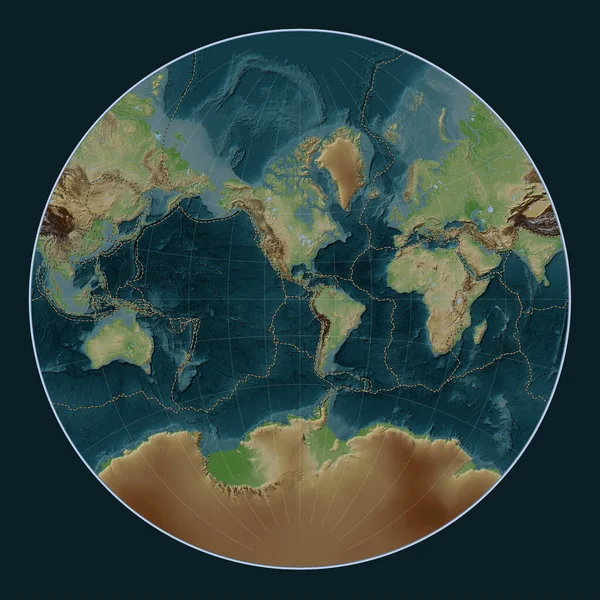 Granice Płyt Tektonicznych Światowej Mapie Wzniesień Stylu Wikipedii Projekcji Lagrange — Zdjęcie stockowe