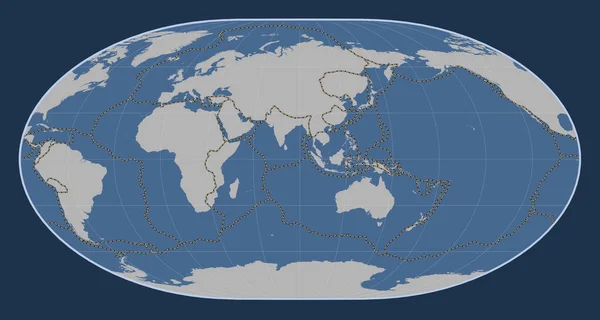 Tectonische Plaatgrenzen Wereld Solide Contourkaart Loximuthal Projectie Gecentreerd 90E Meridiaan — Stockfoto