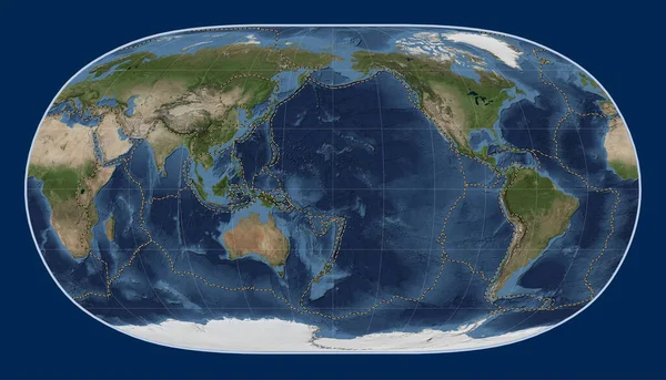 以日期线为中心的自然地球Ii投影中世界蓝色大理石卫星地图上的构造板块边界 — 图库照片
