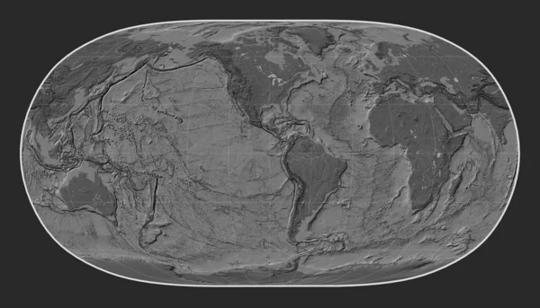 World bilevel elevation map in the Natural Earth II projection centered on the 90th meridian west longitude
