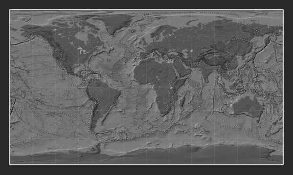 プライムメリディアンを中心としたパターソン円筒形投影の世界胆汁高地図上のテクトニックプレート境界線 — ストック写真