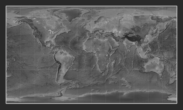 主要なメリディアンを中心としたパターソン円柱投影の世界のグレースケール標高地図上のテクトニックプレート境界線 — ストック写真