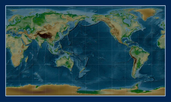 Patterson Silindirik Projeksiyonundaki Dünya Fiziksel Yükseklik Haritası Tarih Çizgisine Odaklandı — Stok fotoğraf