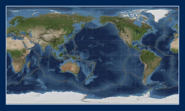 Tectonic Platta Gränser Världsblå Marble Satellitkarta Patterson Cylindrisk Projektion Centrerad — Stockfoto