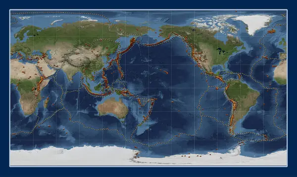 Rozmieszczenie Znanych Wulkanów Światowej Niebieskiej Marmurowej Mapie Satelitarnej Projekcji Patterson — Zdjęcie stockowe
