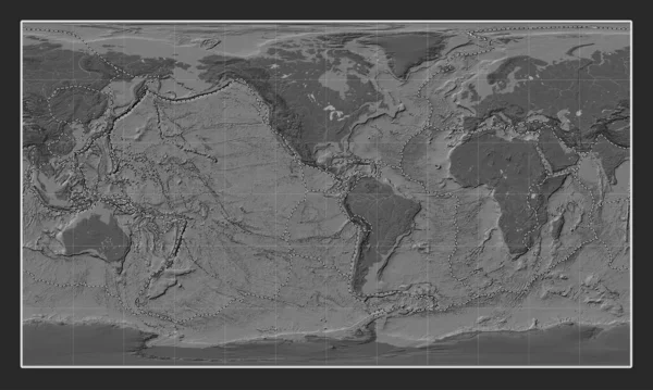 Tectonische Plaatgrenzen Wereldbilevel Elevatie Kaart Patterson Cilindrische Projectie Gecentreerd 90Ste — Stockfoto